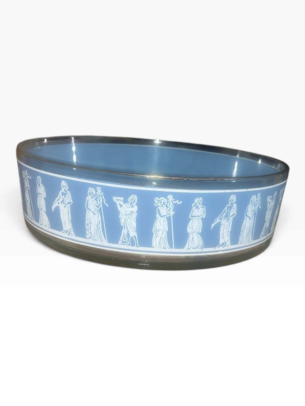 Corinthians Wedgwood Blue Greek Serving Bowl Mid Century Regency Glass 9" Diam